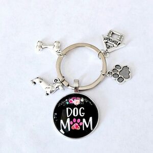 Dog Mom Keychain Black and Floral Paw Print Charms Gift for Pet Lovers Accessory